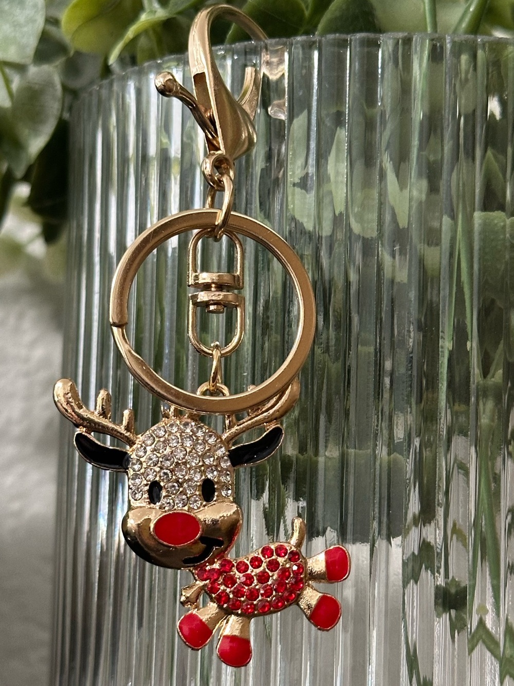 Gold-Tone Red Reindeer Bag Charm / Keychain